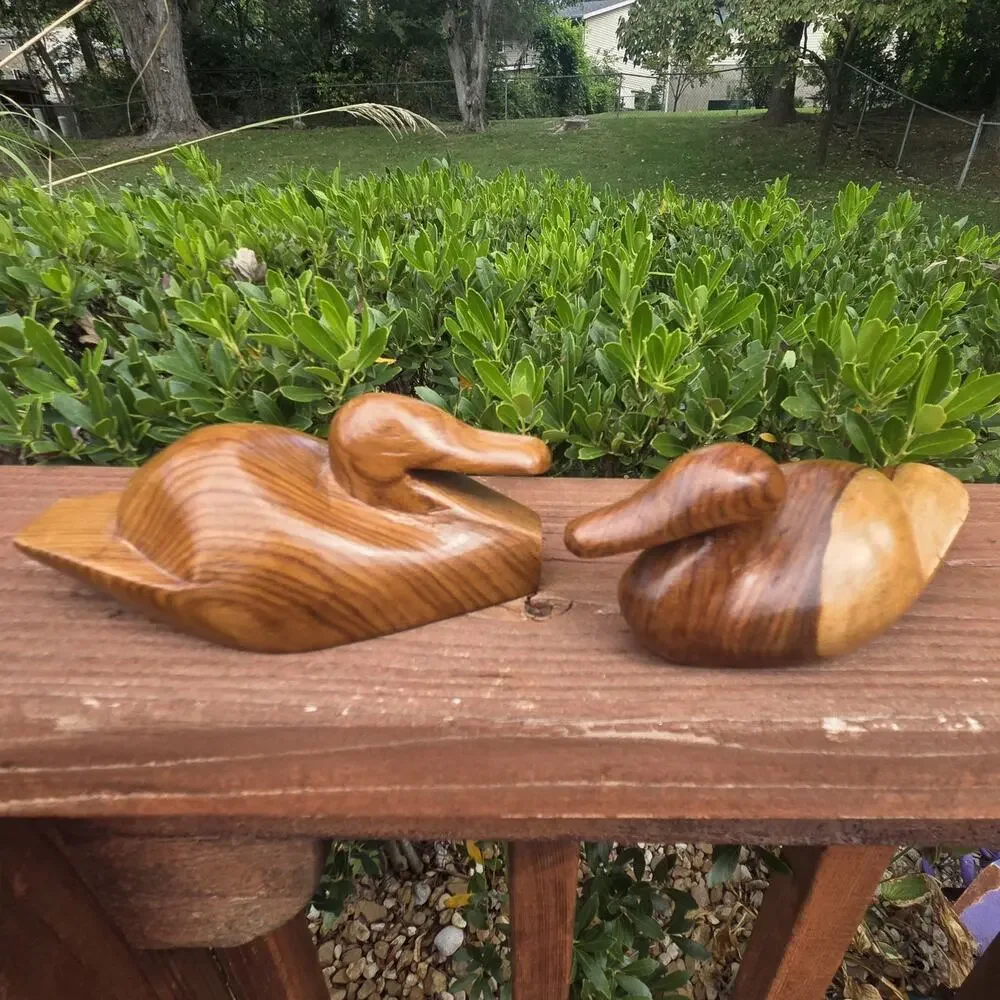 Vintage Carved Wood Duck Decoys Pair Mid Century Folk Art Rustic Lodge Decor